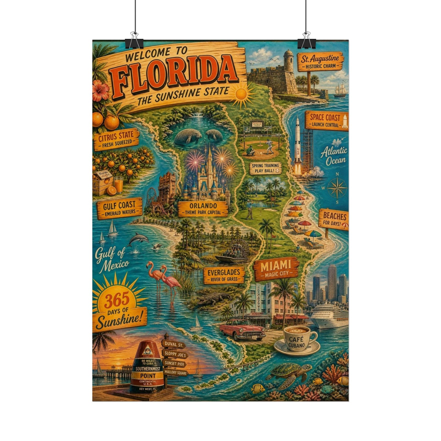 Florida Vintage Travel Poster - Rolled Poster (Welcome to Florida Map & Landmarks)