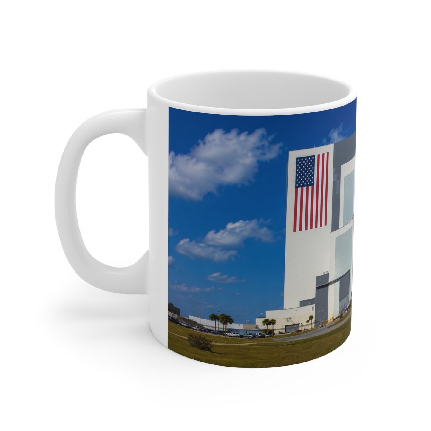 NASA Vehicle Assembly Building Photo Mug — American Flag Kennedy Space Center Souvenir (11oz & 15oz)