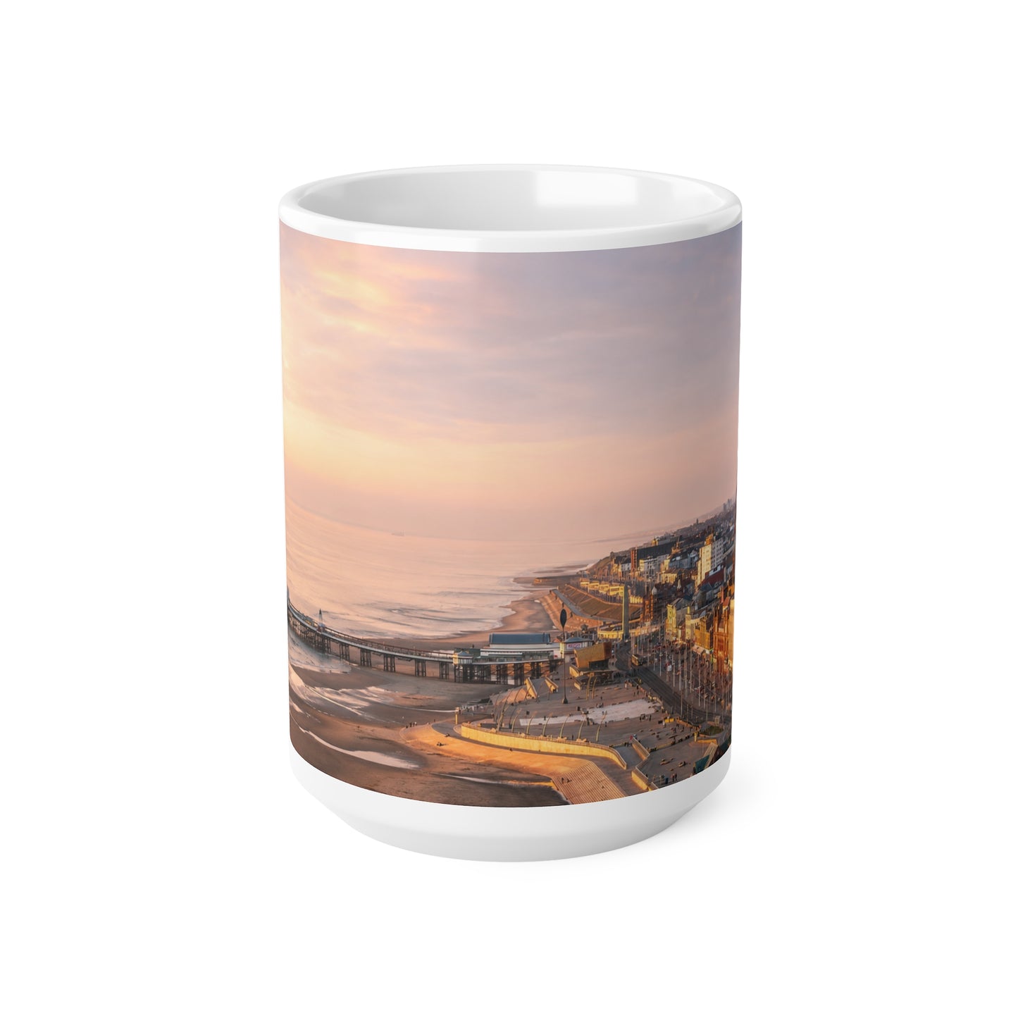 Blackpool Sunset Pier Ceramic Coffee Mug — Coastal Seaside Sunrise Photo, 11oz & 15oz
