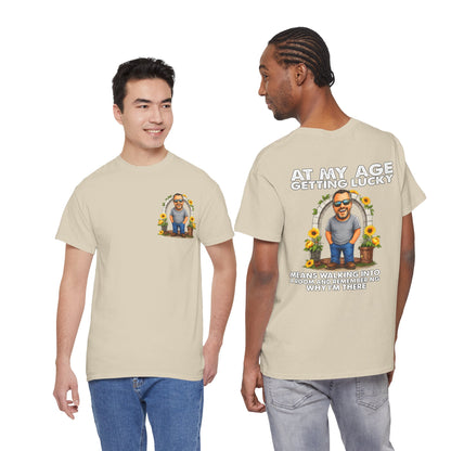 Funny Senior Tee — “At My Age Getting Lucky Means Walking Into a Room and Remembering Why I’m There”