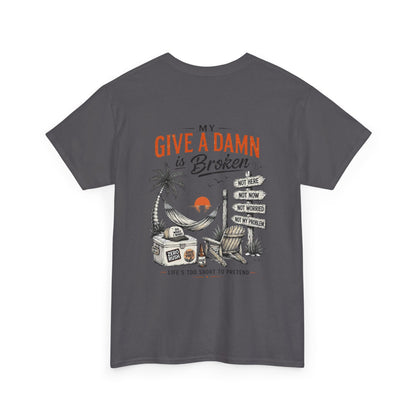 T-Shirt — “Too Old to Care” / “My Give a Damn is Broken” Vintage Beach Graphic Tee