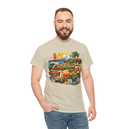 California Vintage Travel T-Shirt — Golden Gate, Palm Trees & Route 66 Tee