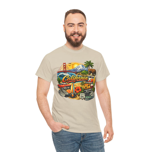 California Vintage Travel T-Shirt — Golden Gate, Palm Trees & Route 66 Tee