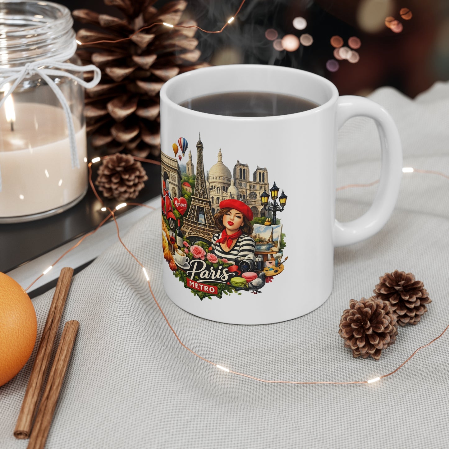 Paris landscape Ceramic Coffee Mug — Eiffel Tower, Baguettes & Metro Design (11oz/15oz)
