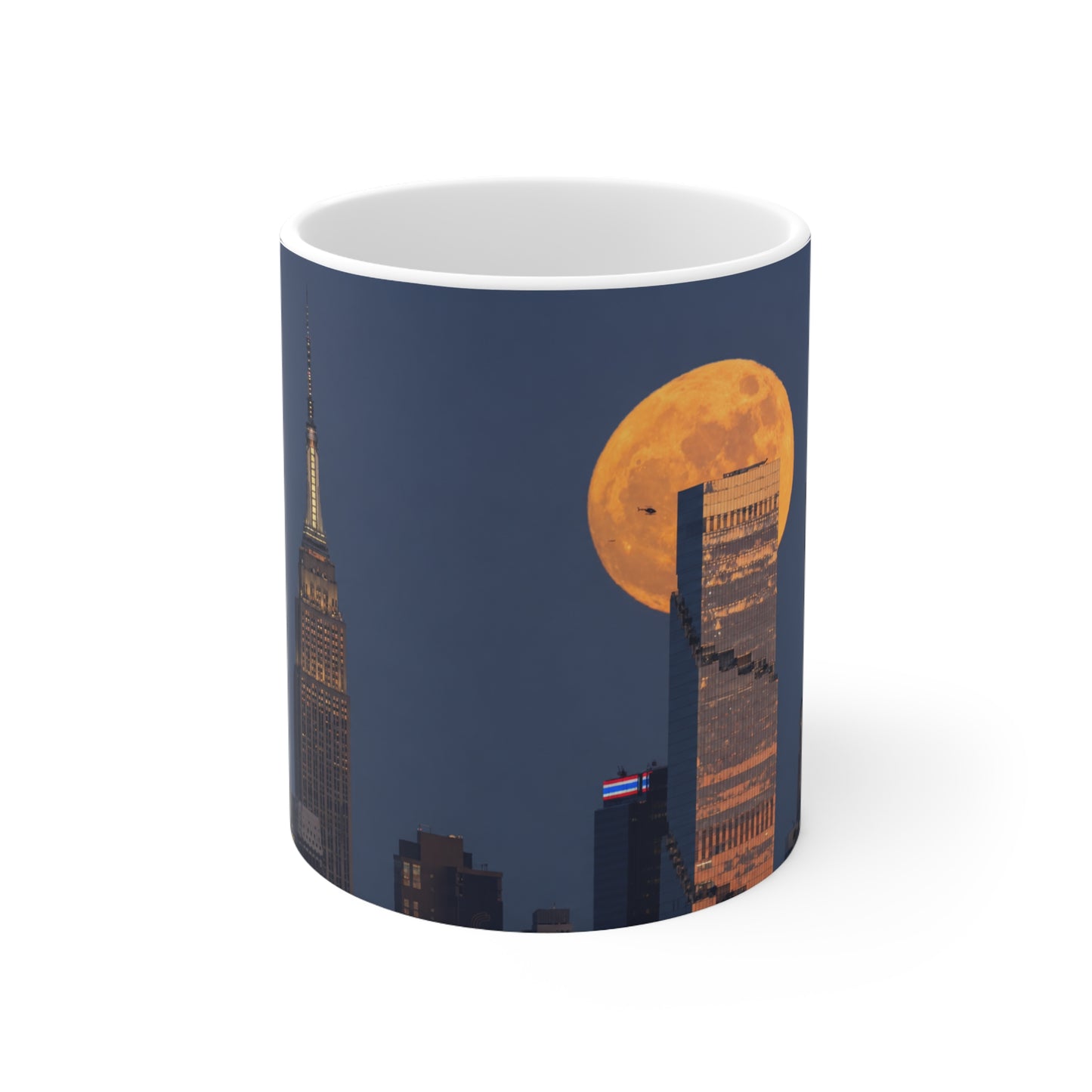 New York City Skyline Mug with Full Moon – NYC Nightscape Ceramic Coffee Cup (11oz, 15oz)