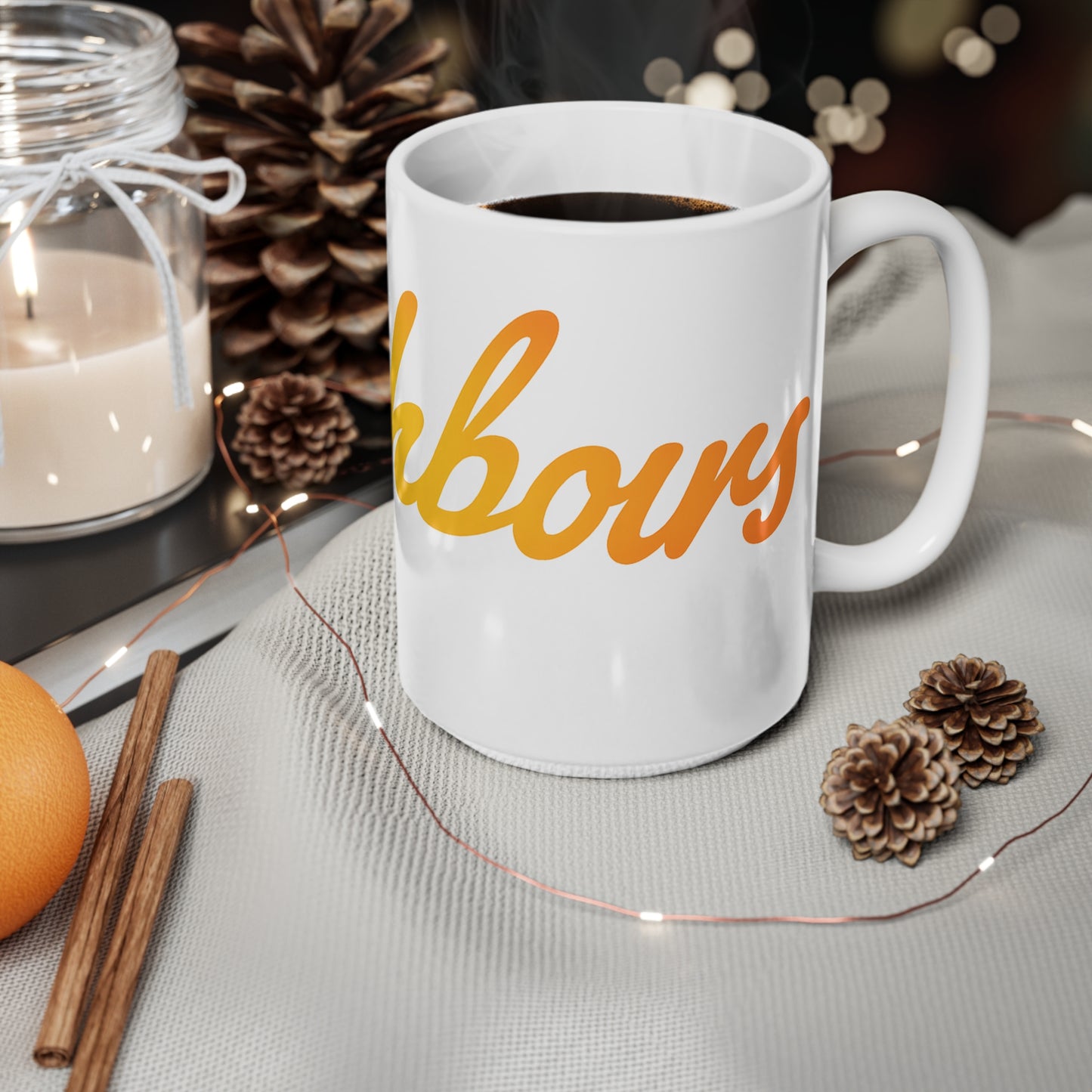 Neighbor Script Ceramic Mug — 11oz & 15oz Coffee Cup