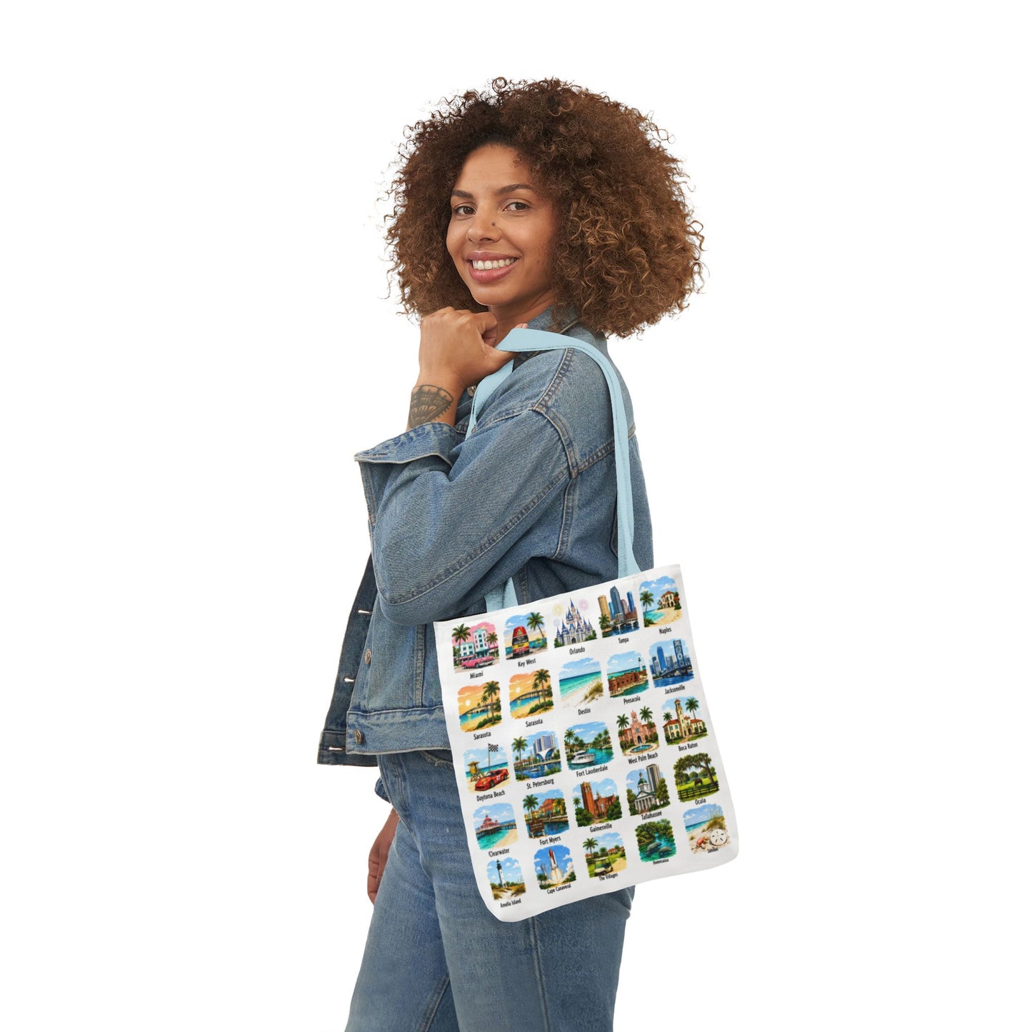 Florida City Landmark Collage Canvas Tote Bag — Vintage Travel Icons Print