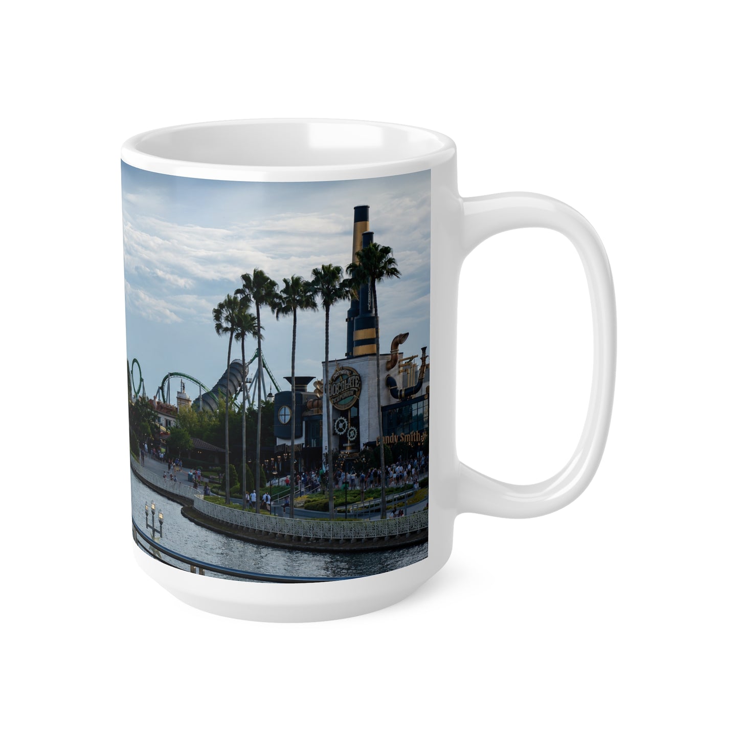 Universal IOA Theme Park Skyline Ceramic Mug — Roller Coaster Harbor Photo (11oz & 15oz)