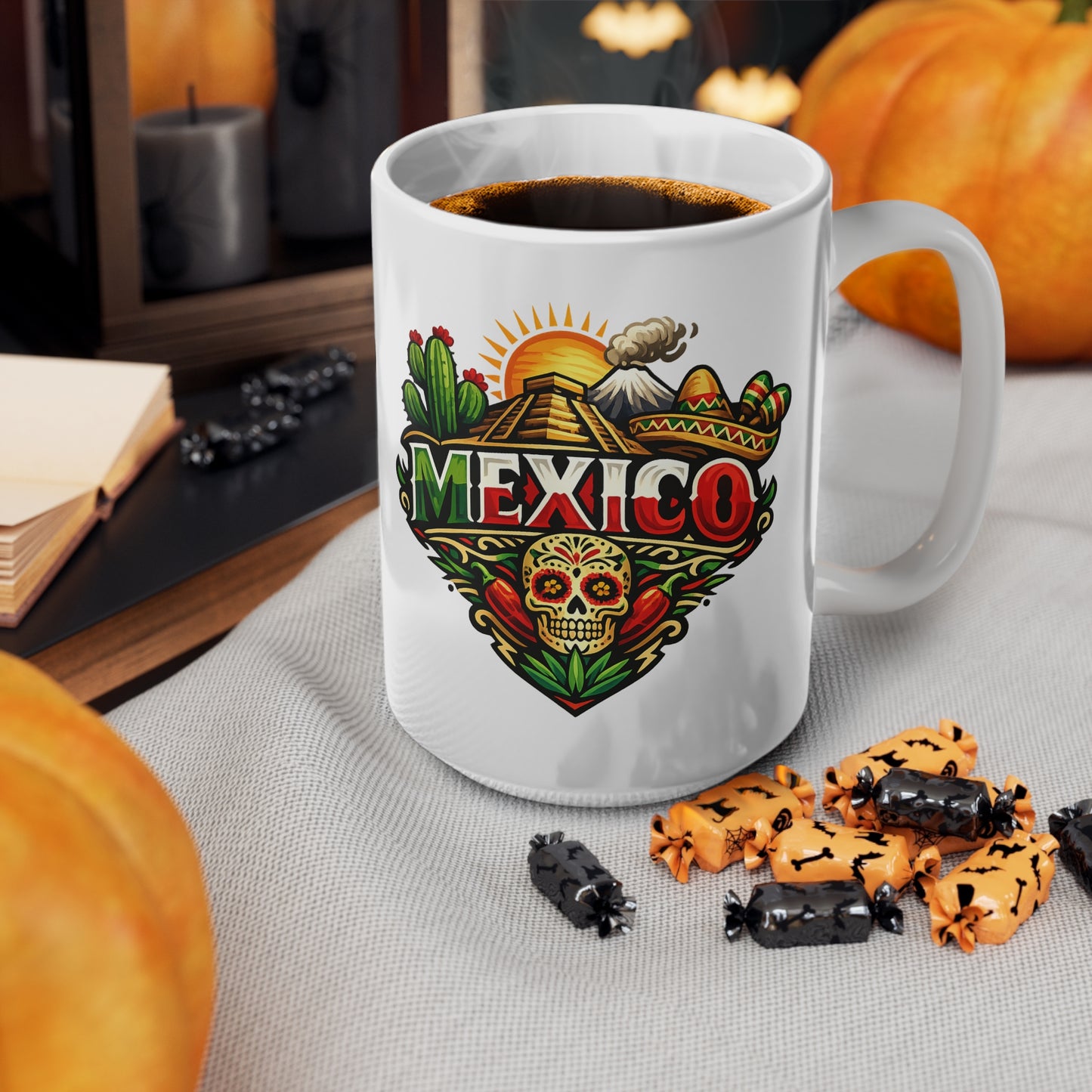 Mexico Travel Coffee Mug — Colorful Sugar Skull & Sunset Ceramic Mug (11oz/15oz)