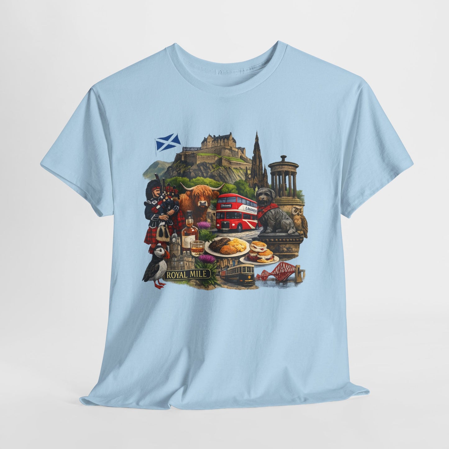Scotland / Edinburgh Travel Collage T-Shirt — Edinburgh Castle, Bagpipes & Local Icons