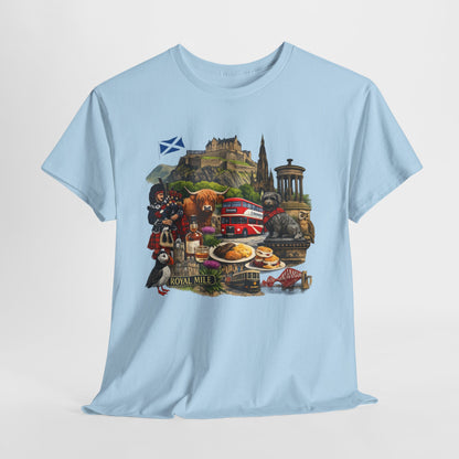 Scotland / Edinburgh Travel Collage T-Shirt — Edinburgh Castle, Bagpipes & Local Icons