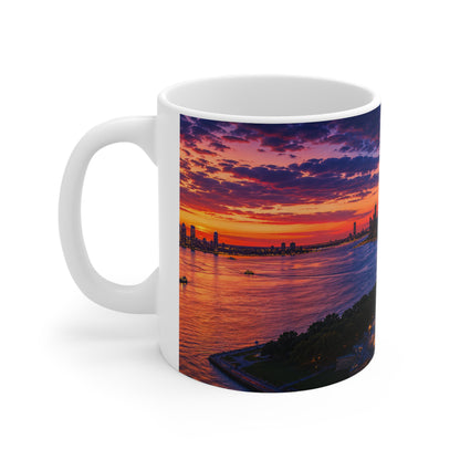 New York Sunset Ceramic Mug — Statue of Liberty Skyline 11oz & 15oz