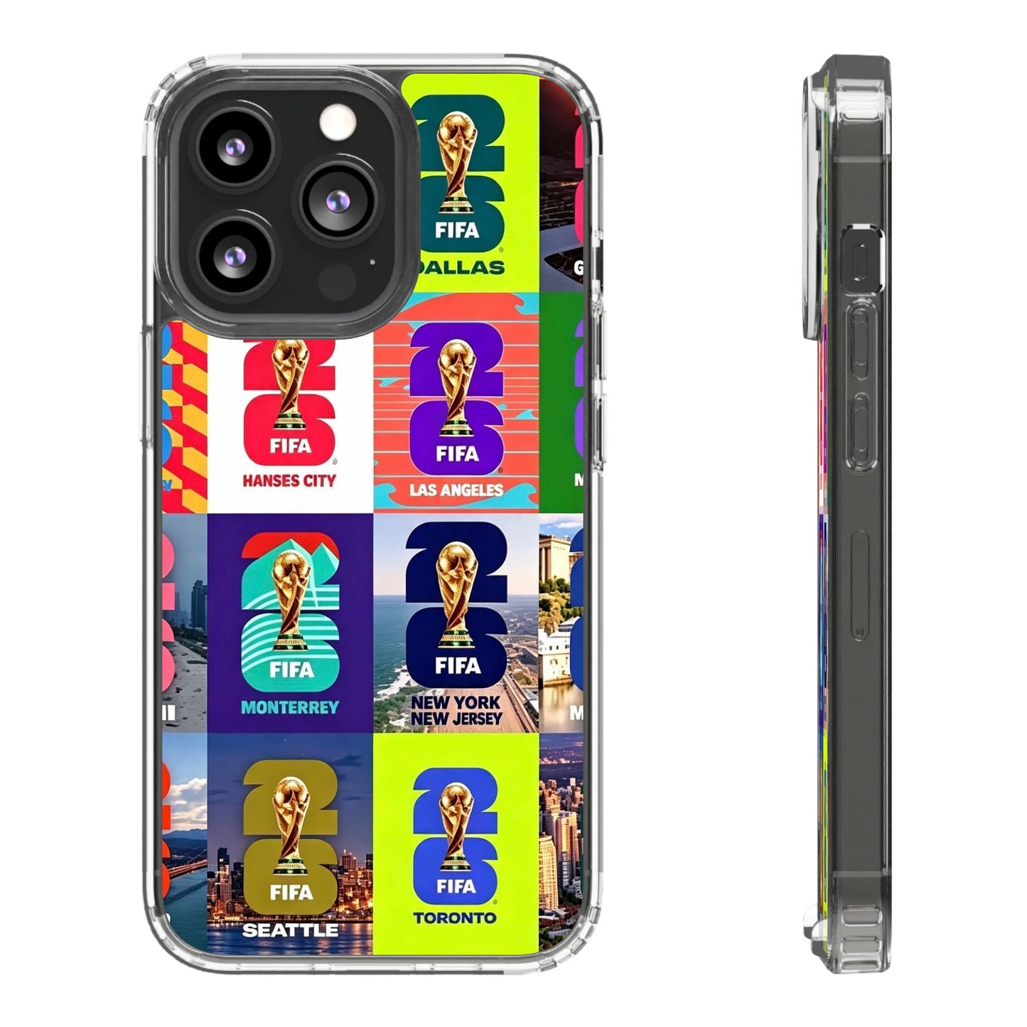 FIFA World Cup Pop Art Clear Phone Case — City Badge Collage (Dallas, LA, Monterrey, Toronto, Seattle)