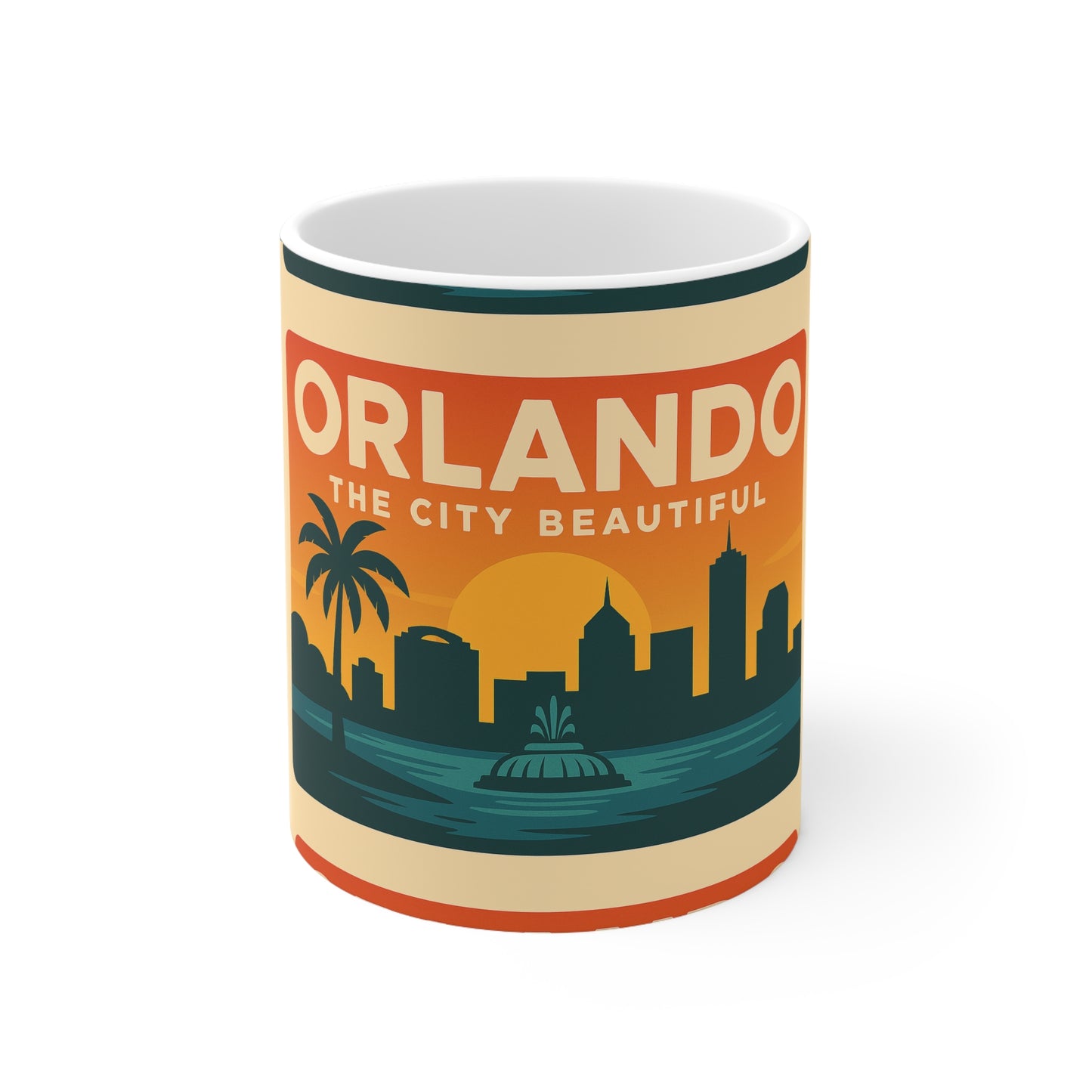 Orlando 'The City Beautiful' Orange Skyline Coffee Mug — Retro Travel Ceramic Cup (11oz & 15oz)
