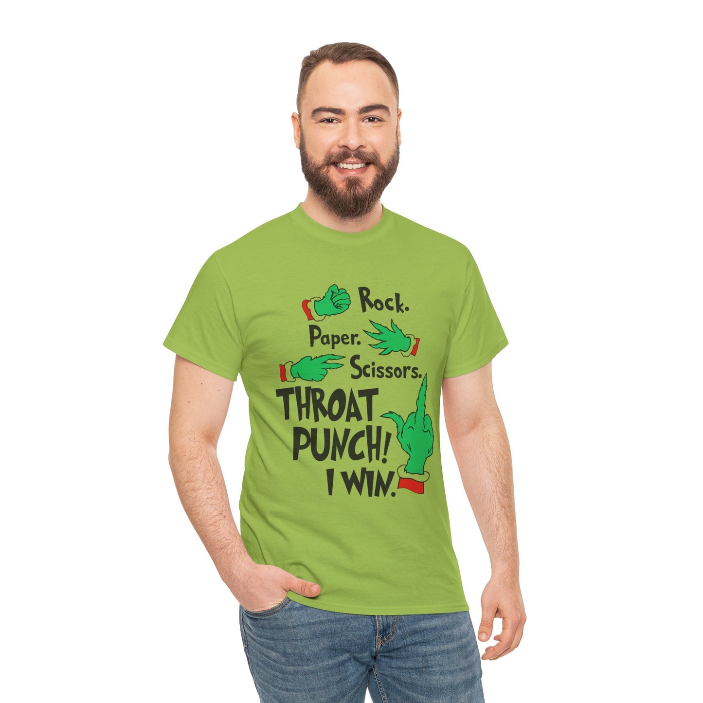 Funny Holiday Tee — "Rock. Paper. Scissors. Throat Punch! I Win" Graphic T-Shirt