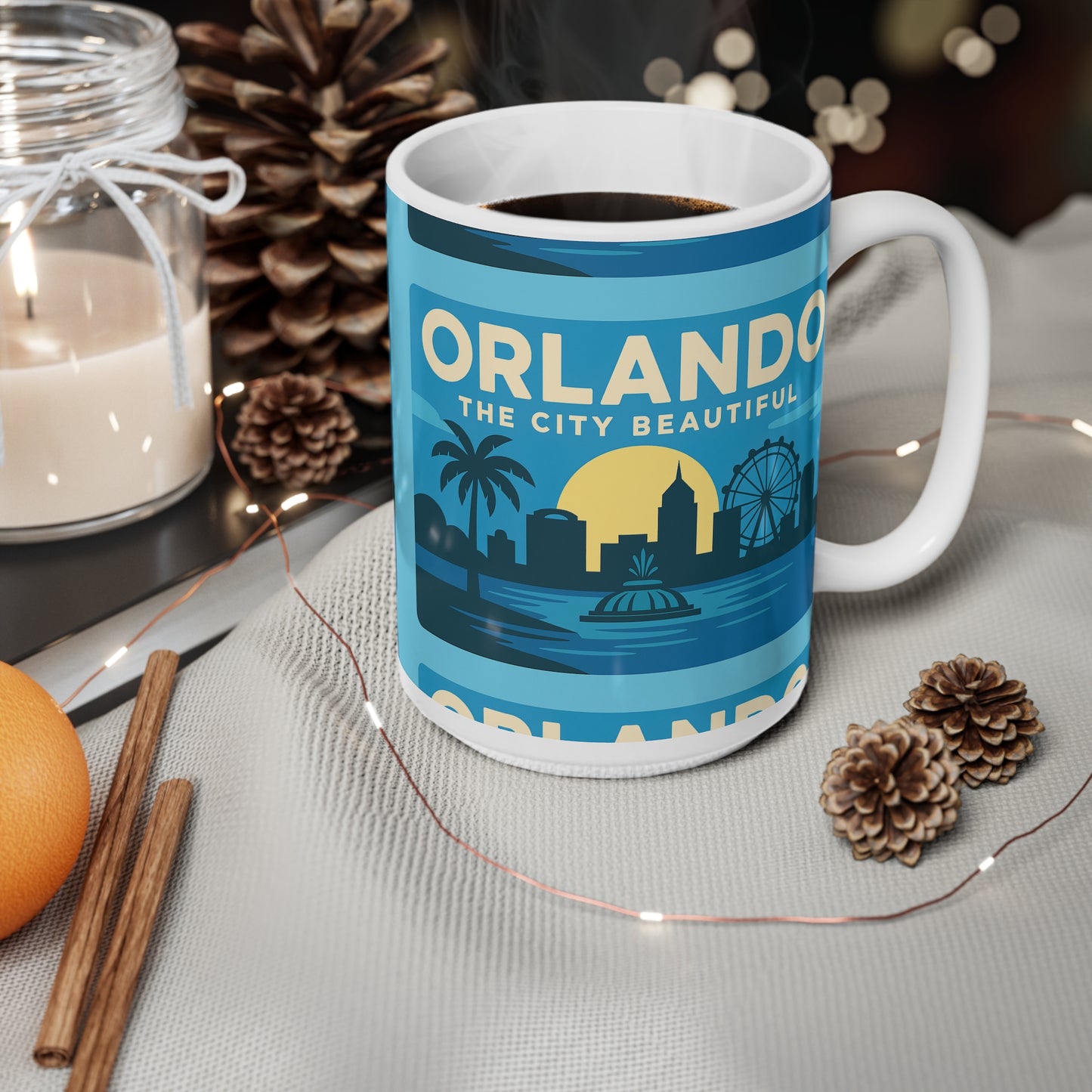 Orlando Retro Blue Skyline Mug — 'Orlando The City Beautiful' Ceramic Coffee Cup (11oz & 15oz)
