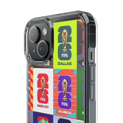FIFA World Cup Pop Art Clear Phone Case — City Badge Collage (Dallas, LA, Monterrey, Toronto, Seattle)