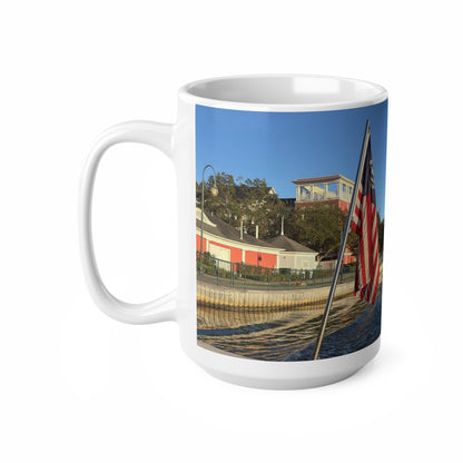 American Flag Waterfront Photo Ceramic Mug — Patriotic 11oz & 15oz Coffee Cup