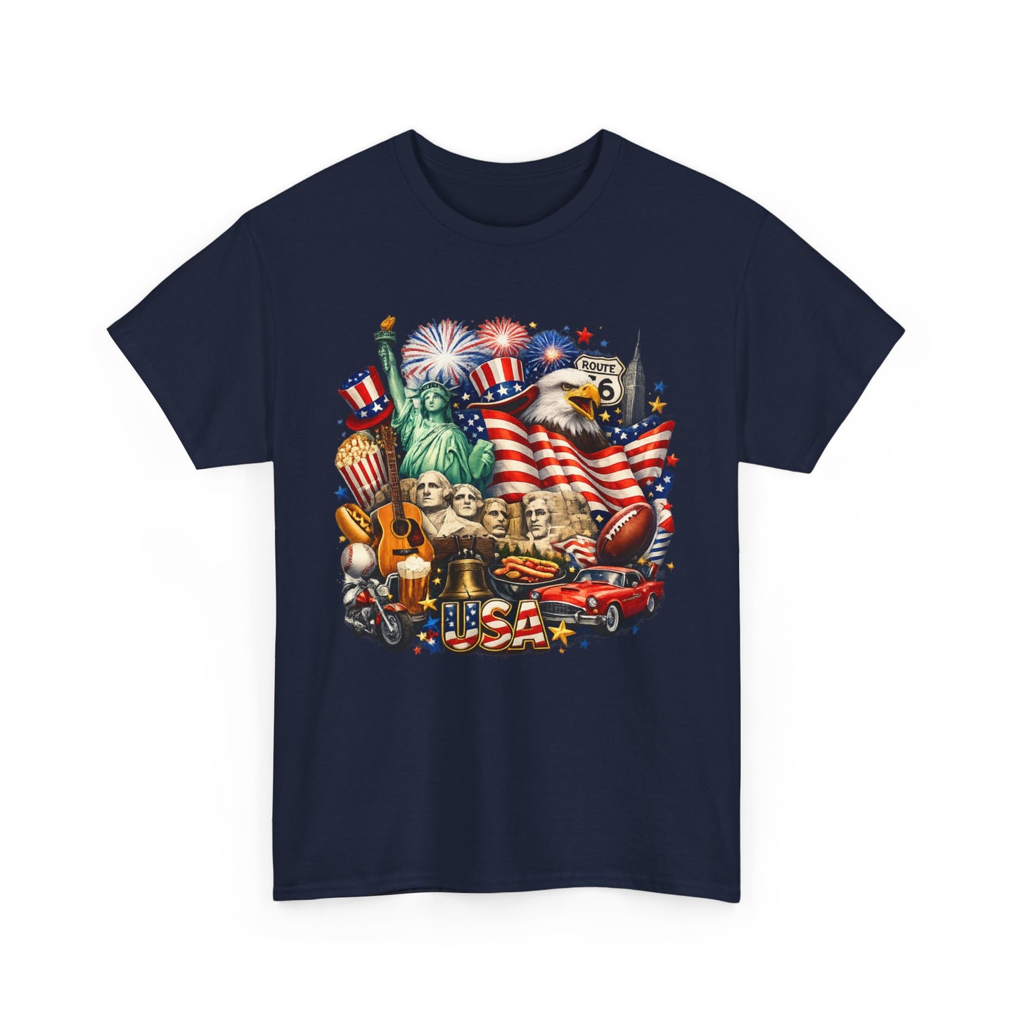 Patriotic USA Graphic Tee – American Flag, Statue of Liberty & Fireworks T-Shirt