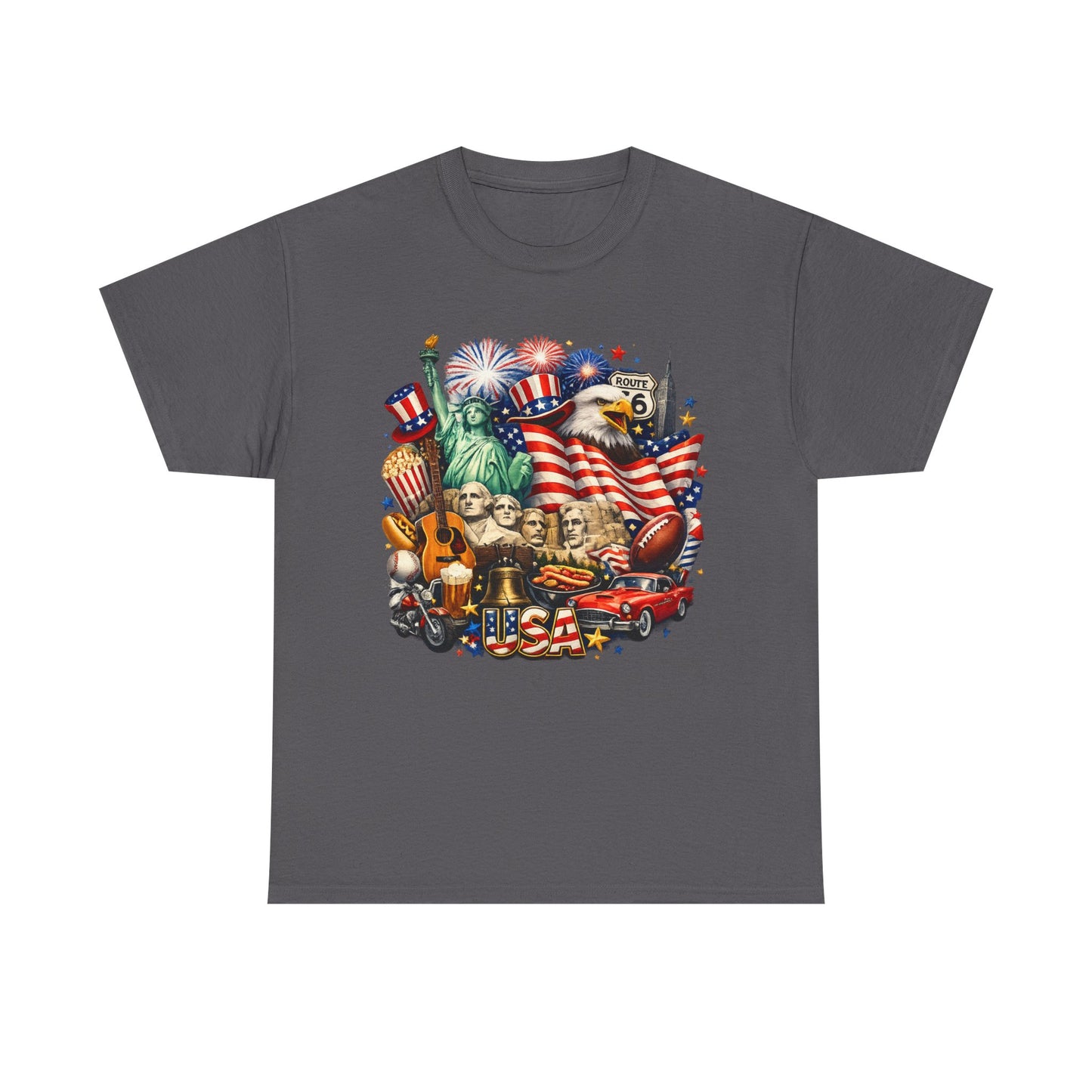 Patriotic USA Graphic Tee – American Flag, Statue of Liberty & Fireworks T-Shirt
