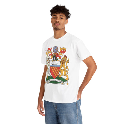 Manchester Coat of Arms Crest T‑Shirt — Heraldic Family Shield Tee with 'Concilio et Labore' Banner