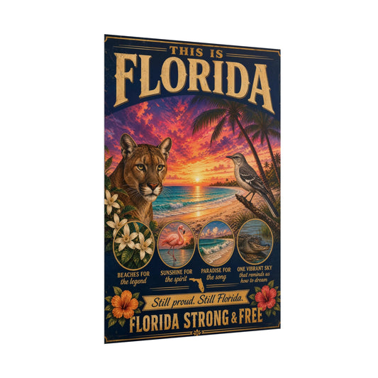 Florida Tropical Wildlife Sunset Poster — Cougar, Flamingo & Beach Scenic Rolled Print
