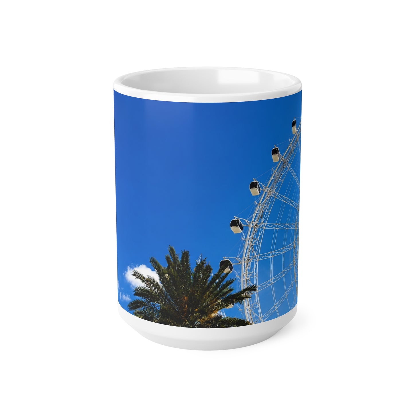 Orlando Icon Park Ferris Wheel & Palm Tree Ceramic Coffee Mug — Blue Sky Photo Mug (11oz, 15oz)