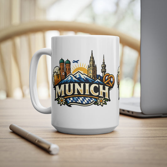 Munich Souvenir Coffee Mug — Bavarian Beer, Pretzel & Skyline Ceramic Mug (11oz/15oz)