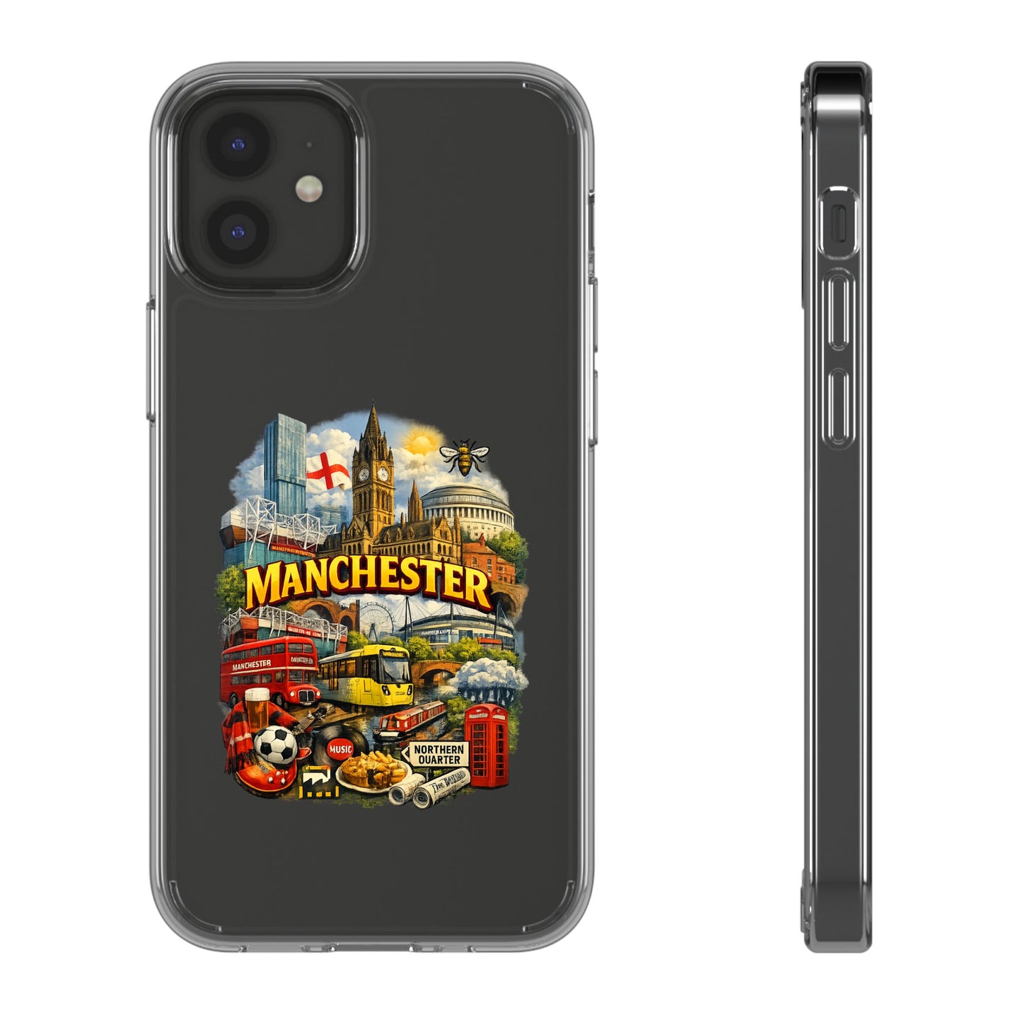 Manchester Landmark Clear Phone Case — Cityscape Collage Design