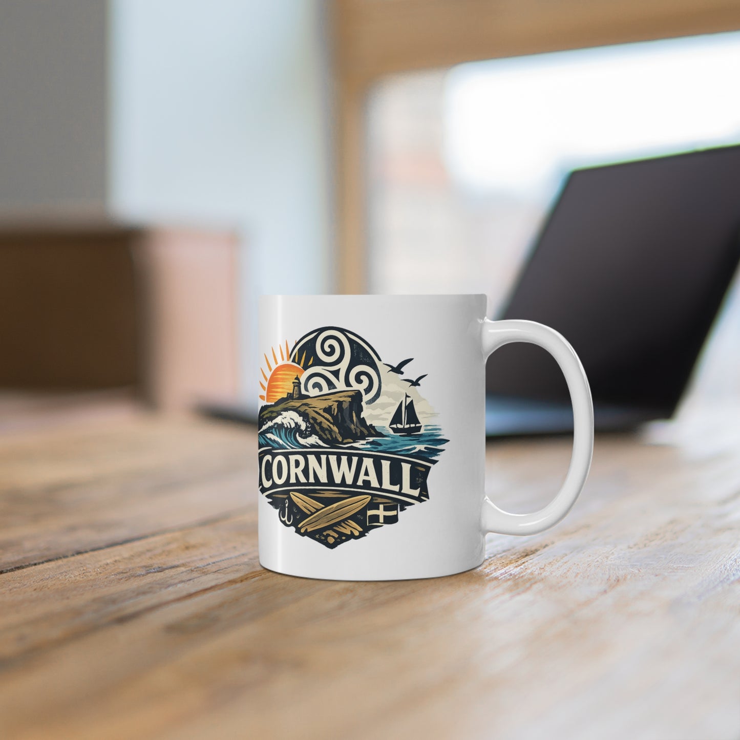 Cornwall Coastal Mug — Scenic Sunset Sail Ceramic Coffee Cup (11oz & 15oz)
