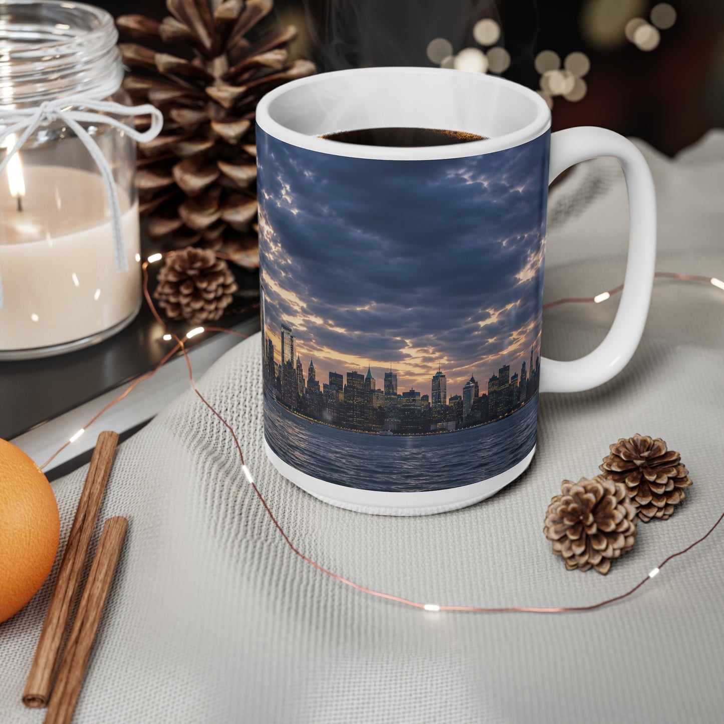 Statue of Liberty Sunset Mug — NYC Skyline Coffee Cup with American Flag (11oz & 15oz)