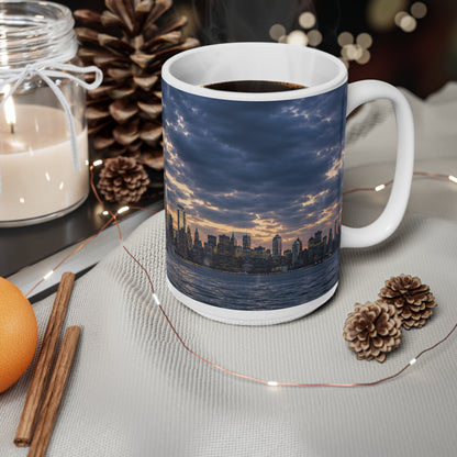 Statue of Liberty Sunset Mug — NYC Skyline Coffee Cup with American Flag (11oz & 15oz)