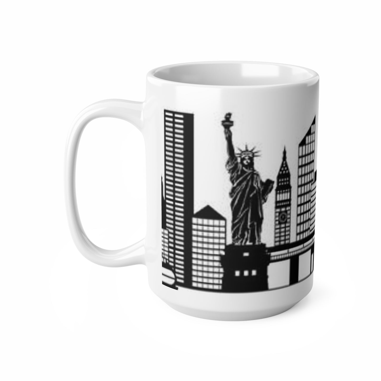 New York City Skyline Ceramic Mug — Black & White New York Statue of Liberty Coffee Cup (11oz, 15oz)