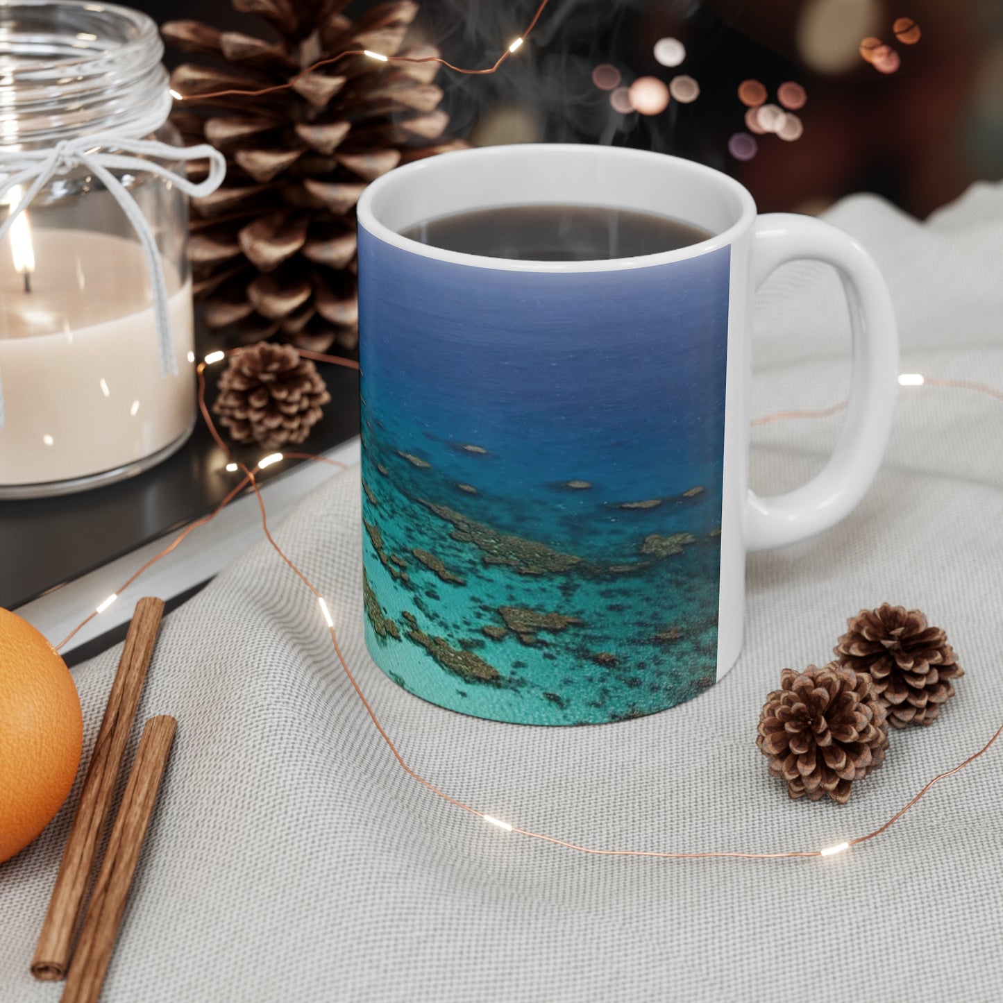 Ocean Reef Ceramic Coffee Mug — Aerial Turquoise Sea Print (11oz & 15oz)