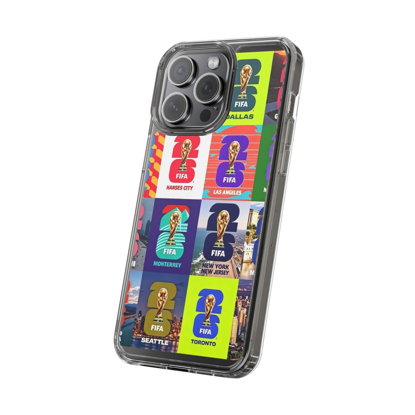 FIFA World Cup Pop Art Clear Phone Case — City Badge Collage (Dallas, LA, Monterrey, Toronto, Seattle)
