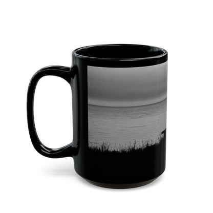 Silhouette by the Sea Black Coffee Mug — Reflective Ocean Sunset Gift (11oz, 15oz)