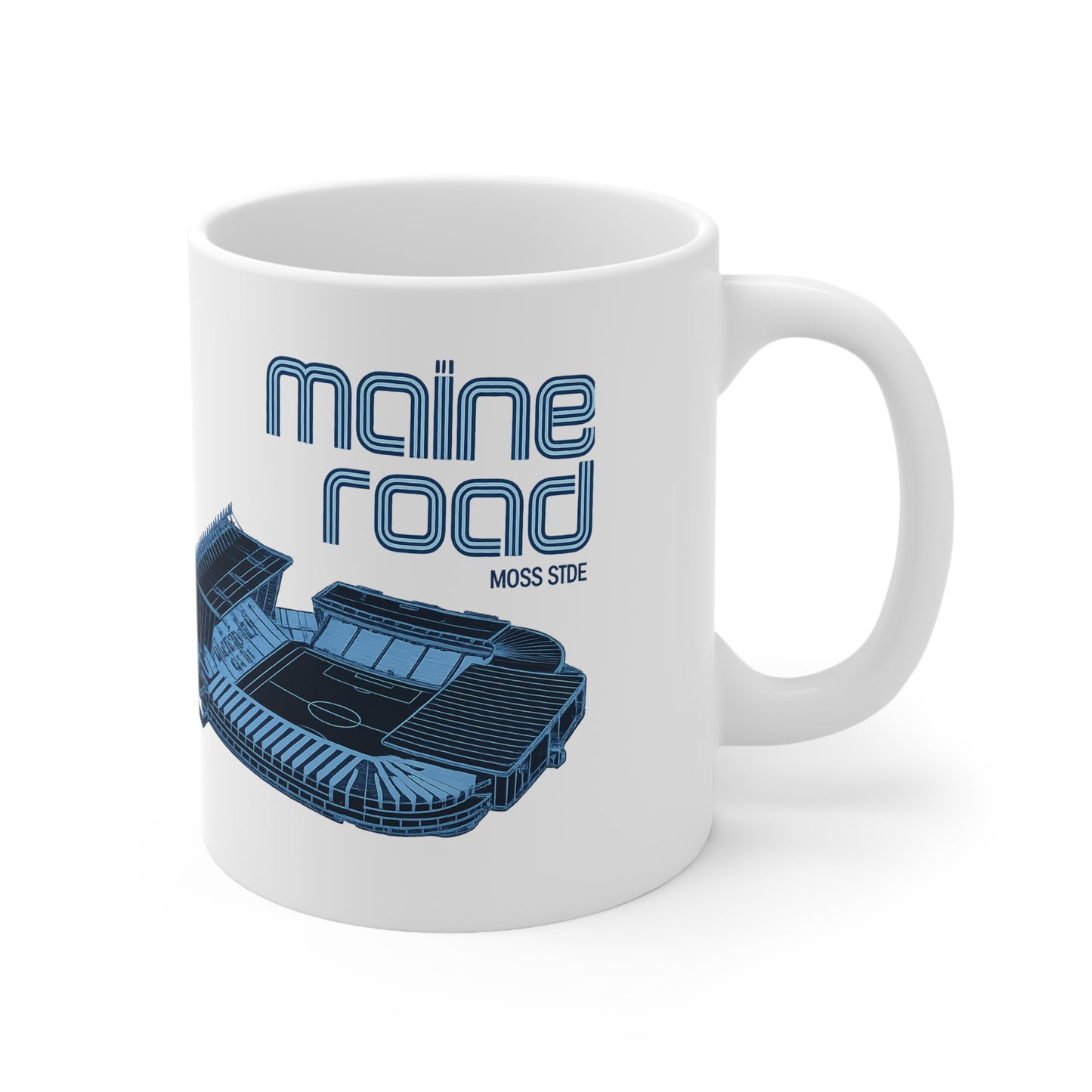 Manchester City Maine Road Stadium Mug — Retro Blue Soccer Stadium Ceramic Coffee Cup (11oz & 15oz)