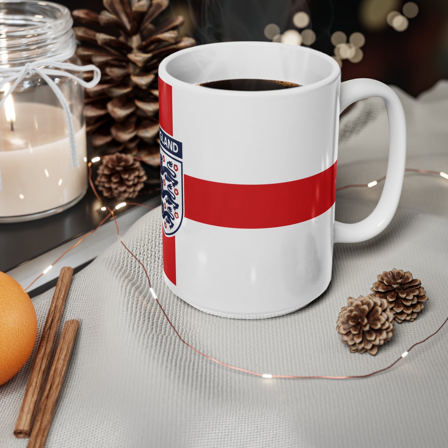 England Flag Coffee Mug — St George Cross Ceramic Tea Cup with Three Lions Crest (11oz & 15oz)