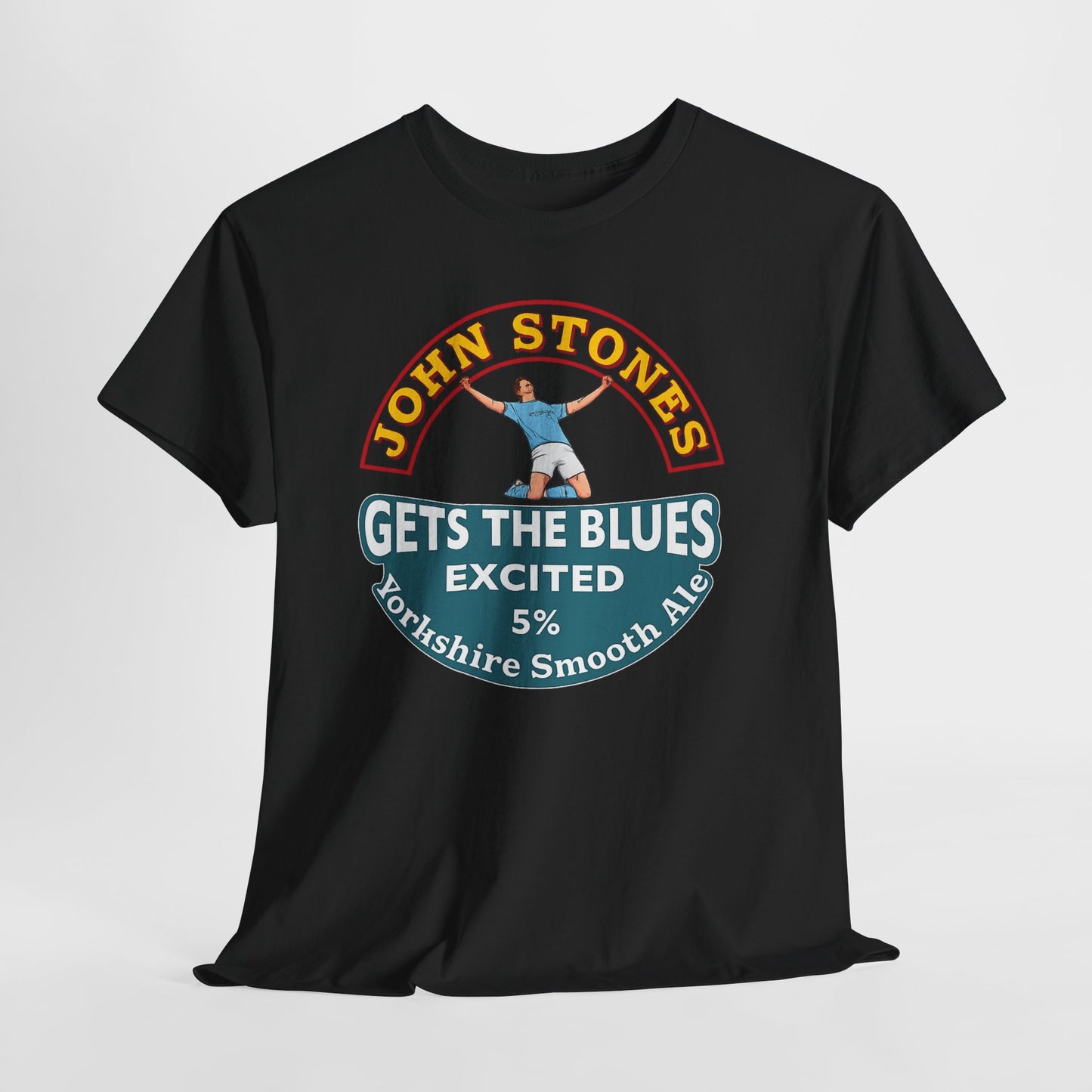 John Stones T-Shirt — "Gets The Blues Excited" Retro Ale Parody Tee