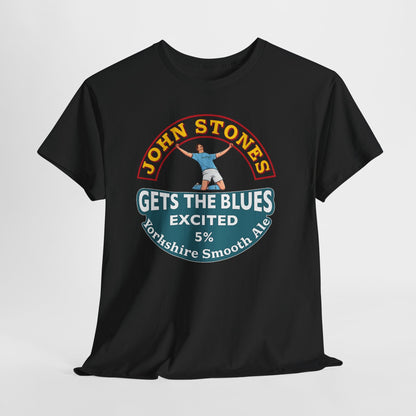 John Stones T-Shirt — "Gets The Blues Excited" Retro Ale Parody Tee