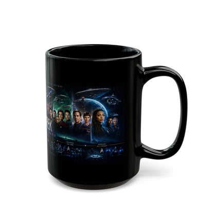 Star Trek Collage Black Mug — Sci‑Fi Crew Montage Coffee Cup (11oz/15oz)