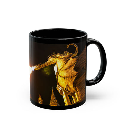 Golden Dragon Fire-Breathing Black Mug — Fantasy Castle Coffee Cup