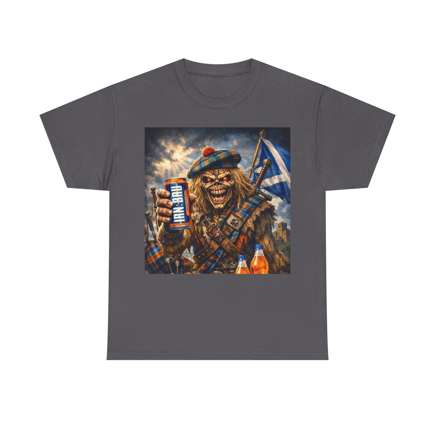 Scottish Rock Skull T‑Shirt — Eddie the Piper with Flag & Can Graphic Tee