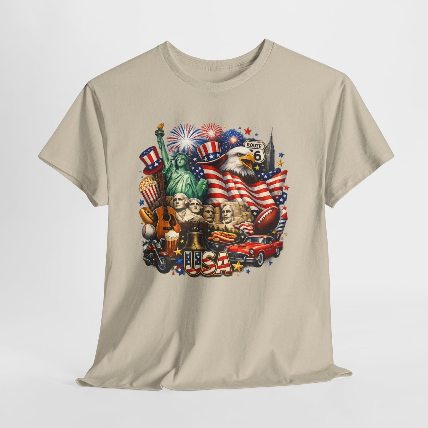 Patriotic USA Graphic Tee – American Flag, Statue of Liberty & Fireworks T-Shirt