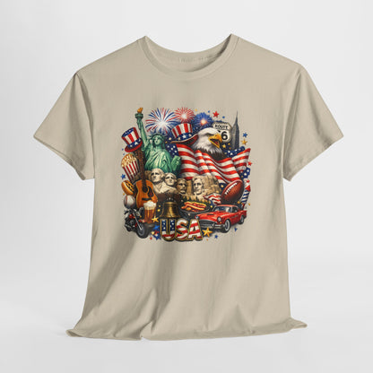 Patriotic USA Graphic Tee – American Flag, Statue of Liberty & Fireworks T-Shirt