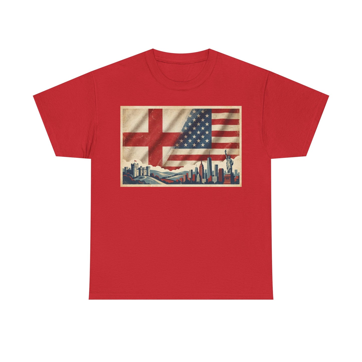 England + USA Flag Skyline T-Shirt — Vintage London & New York City Pride Tee