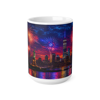 New York City Fireworks Skyline Ceramic Mug — Statue of Liberty 4th of July Coffee Cup (11oz & 15oz)