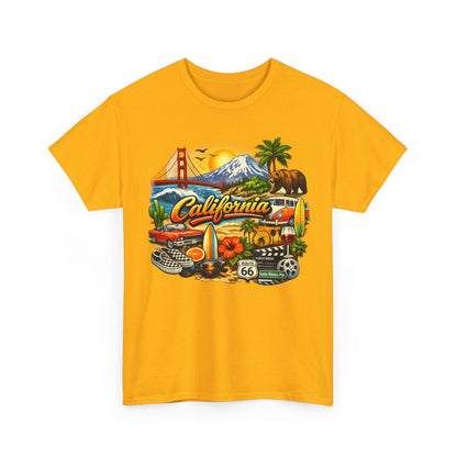 California Vintage Travel T-Shirt — Golden Gate, Palm Trees & Route 66 Tee