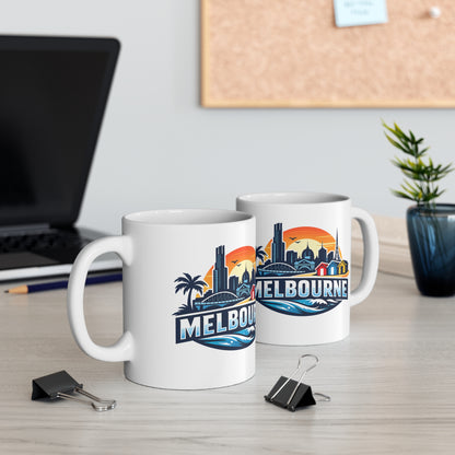 Melbourne Skyline Ceramic Coffee Mug — Retro Beach Cityscape 11oz/15oz