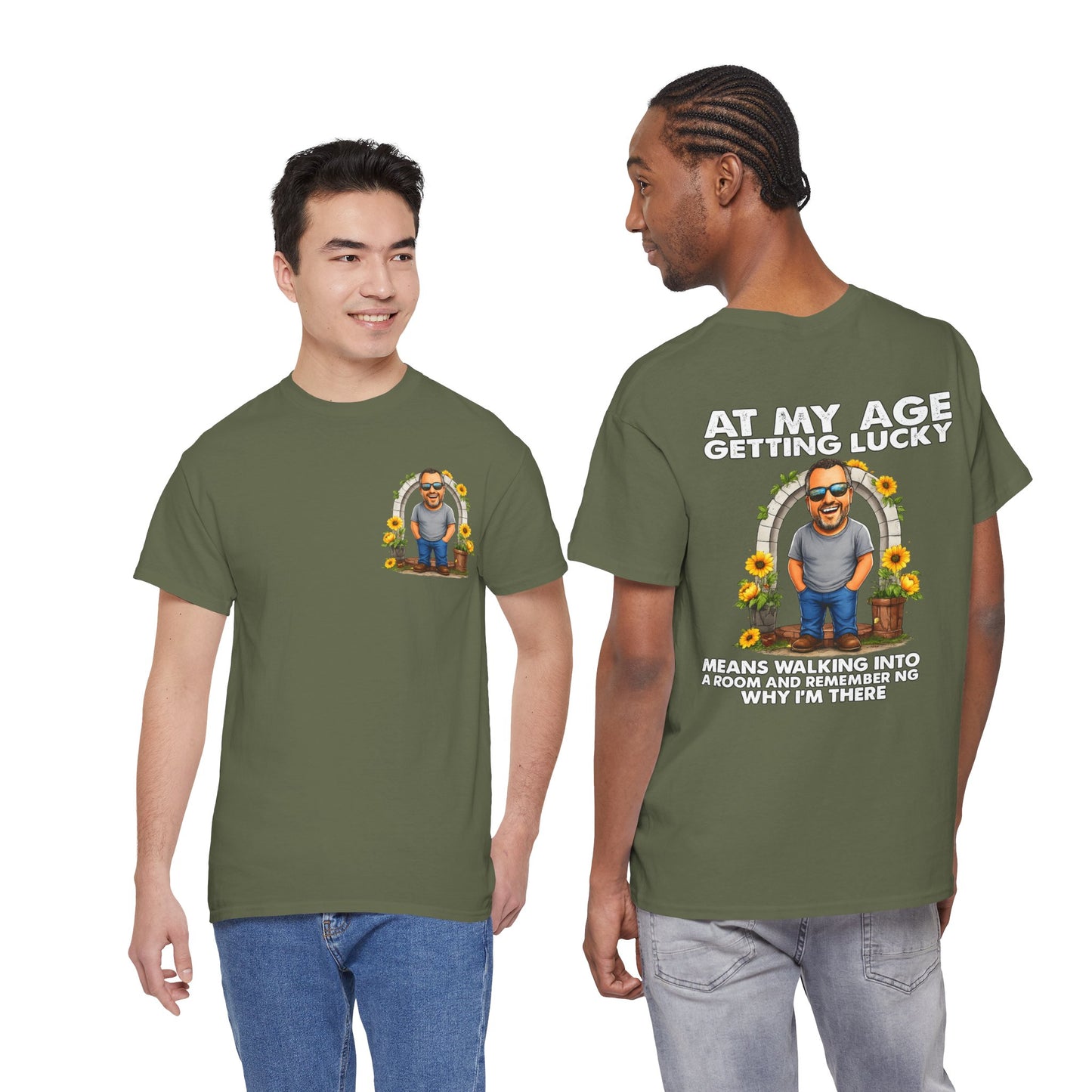 Funny Senior Tee — “At My Age Getting Lucky Means Walking Into a Room and Remembering Why I’m There”